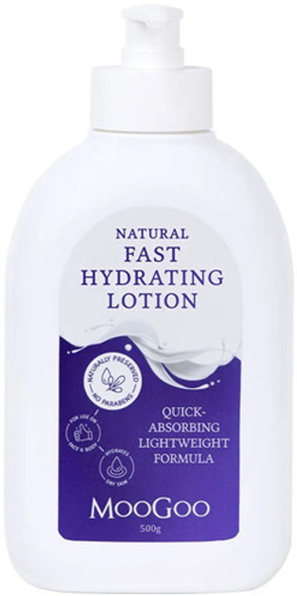 MooGoo Fast Hydrating Lotion slides on smoothly, rubs in easily and absorbs quickly to nurture and improve hydration of delicate, damaged and sensitive skin