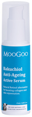 Contains Bakuchiol, a silky serum, blended with an A-team of skin soothers such as Jojoba Oil, Shea Butter and Natural Vitamin E in this MooGoo active serum.