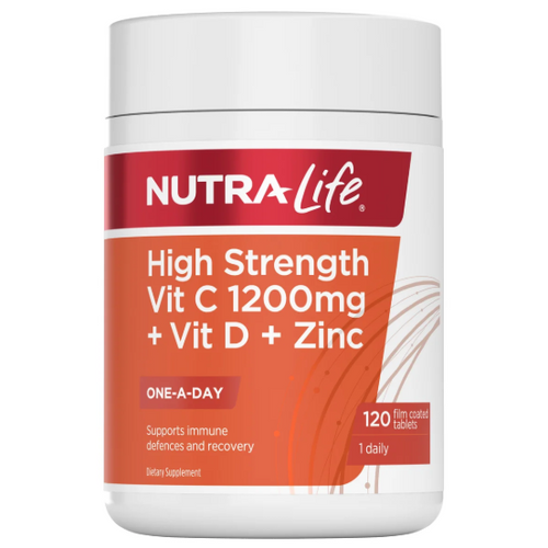 Nutra-Life High Strength Vit C 1200MG + Vit D + Zinc Tablets combines 3 key immune nutrients in one - high strength Vitamin C plus Vitamin D & Zinc for additional immune support, as well as supporting nervous system function.