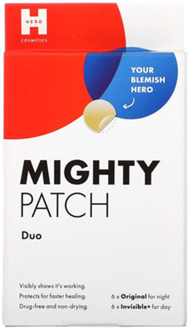 Hero Mighty Patch Duo has 2 must-have essentials - 6 x The Original Patches for nighttime and 6 x Invisible+ Patches for daytime Hero Mighty Patch Duo has 2 must-have essentials - 6 x The Original Patches for nighttime and 6 x Invisible+ Patches for daytime