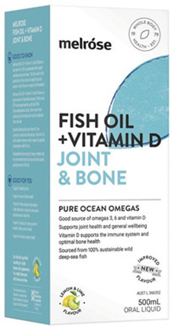 Melrose Fish Oil + Vitamin D Joint & Bone Oral Liquid is derived from 100% sustainable wild-caught sardines and anchovies, a good source of essential omega-3 fatty acids EPA (eicosapentaenoic acid) and DHA (docosahexaenoic acid), which cannot be produced by the body