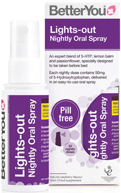 BetterYou Lights-Out Nightly Oral Spray contains 50mg of 5-Hydroxytryptophan, delivered in an easy-to-use oral spray for nightly use