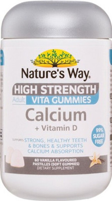 Nature's Way High Strength Calcium + Vitamin D Vita Gummies provide a high strength supplement formulated with 800mcg calcium to support strong healthy bones and teeth and 666IU of vitamin D to support dietary calcium absorption