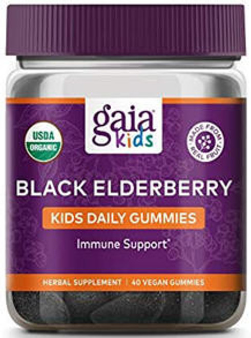 Gaia Kids Black Elderberry Daily Gummies are made without gelatin and contain 429 mg Elderberry extract and concentrate per gummy.