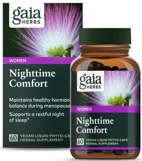 Gaia Nighttime Comfort is formulated for women with Herbal Extracts Black Cohosh, Mimosa, Passionflower, and St. John’s Wort, to maintain a healthy hormonal balance and sleep support during menopause