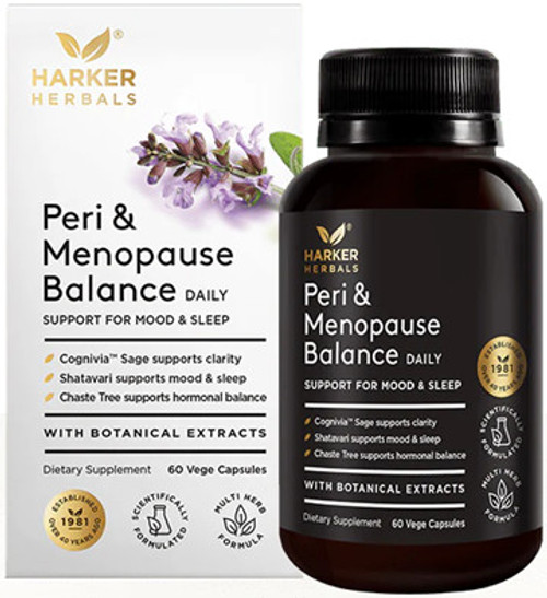 Harker Herbals Peri & Menopause Balance provides a complete herbal blend to support mood, sleep and mental clarity through perimenopause and menopause.