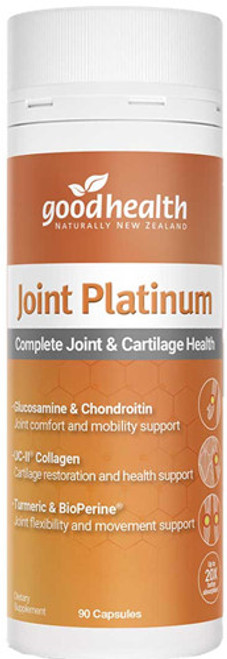 Good Health Joint Platinum is a scientifically formulated, joint support supplement combining Glucosamine, Chondroitin, UC-II®, Turmeric, and BioPerine® for complete joint and cartilage health.