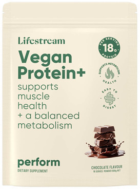 Lifestream Vegan Protein+ Powder Perform delivers 18g of complete protein from peas, yeast, quinoa, and rice per 30g serve – providing all essential amino acids your body needs.