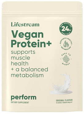 Lifestream Vegan Protein+ Powder Perform delivers 18g of complete protein from peas, yeast, quinoa, and rice per 30g serve – providing all essential amino acids your body needs.