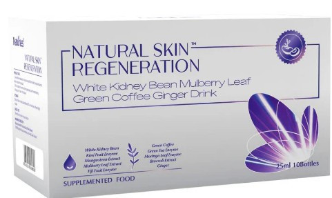 Naturies Natural Skin Regeneration Drink contains a synergistic blend of White Kidney Bean, Mulberry leaf Green coffee and Ginger to help support weight management, glycemic control, skin health as well as body’s natural vitality.