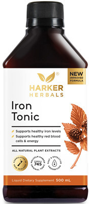 Harker Herbals Iron Tonic is a non-constipating herbal iron formula providing a natural source of elemental iron from Curry Leaf, blended with blackberry and other botanicals to support healthy red blood cell formulation and energy.