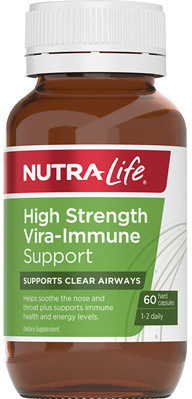 Nutra-Life High Strength Vira-Immune Support provides powerful immune support to help soothe the nose and throat and support clear airways.