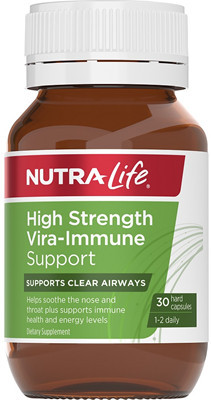 Nutra-Life High Strength Vira-Immune Support provides powerful immune support to help soothe the nose and throat and support clear airways.