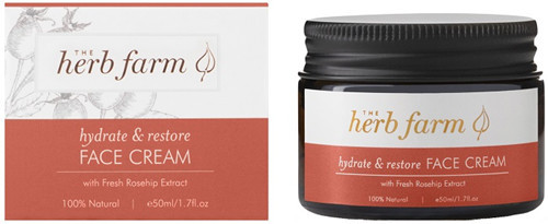The Herb Farm Hydrate & Restore Face Cream contains specific rejuvenating botanicals that work synergistically to reduce pigmentation, age spots and blemishes while restoring your skin to a natural radiance