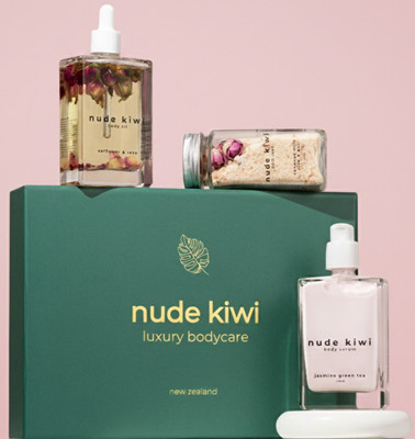 nude kiwi luxury bodycare set combines three beautiful products to treat your skin and well-being