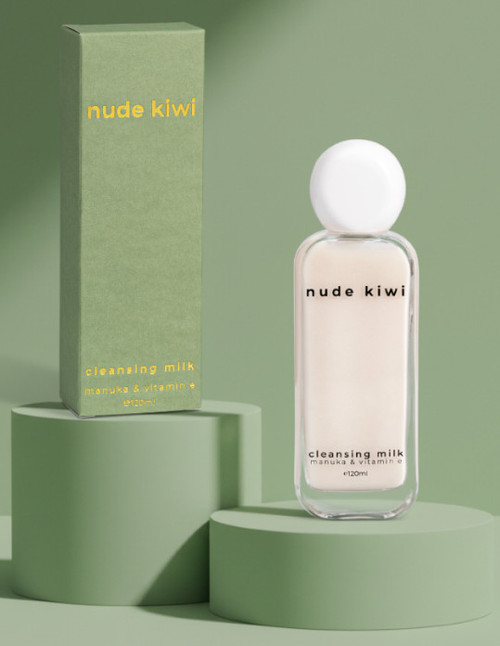 nude kiwi cleansing milk is a creamy, calming cleanser formulated with manuka extract, aloe vera and vitamin E to melt away impurities without disrupting the skin’s barrier.