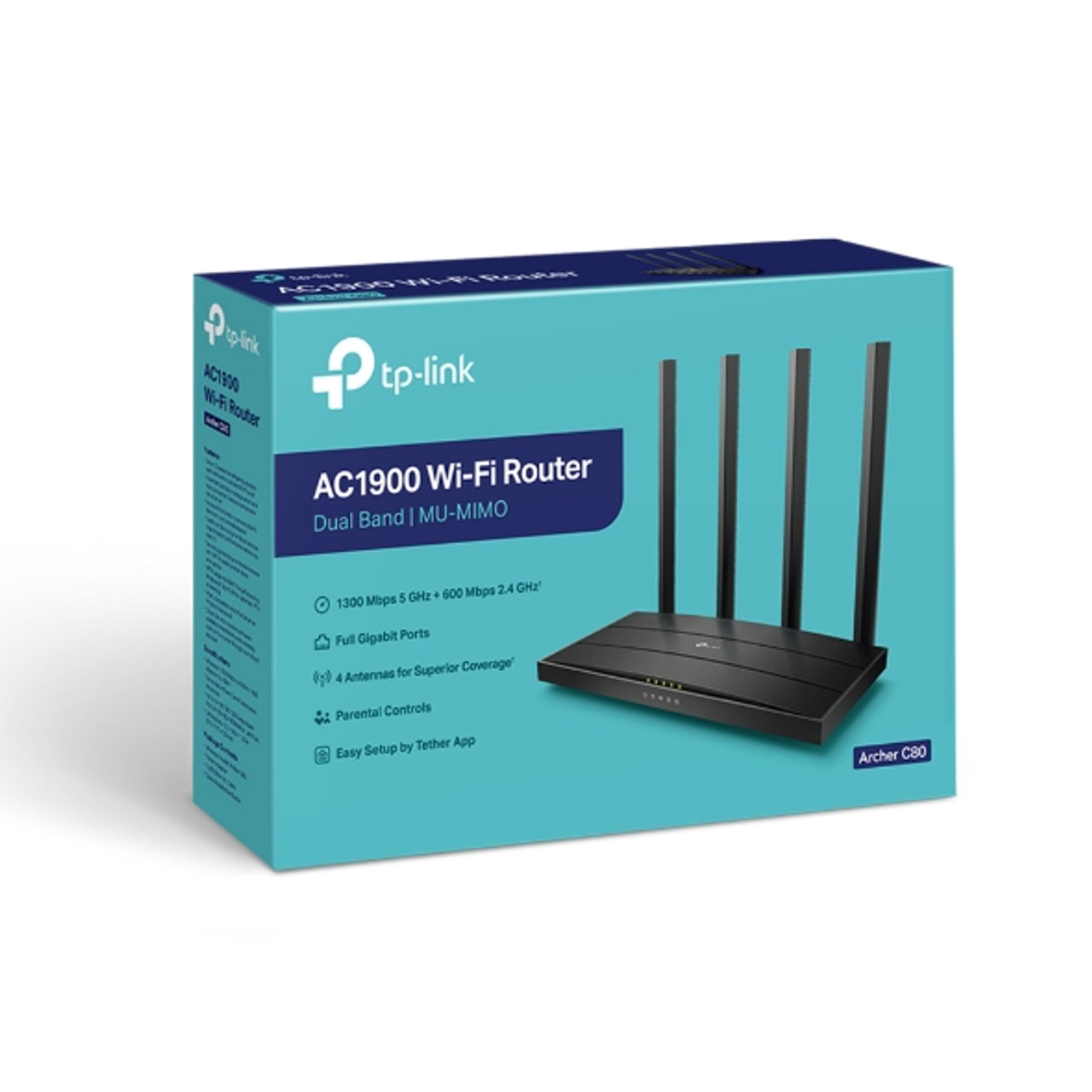 TP-Link Router Wi-Fi AC1900 Gigabit Dual Band 4 Antennas MU-MIMO 1300 Mbps on the 5 GHz band and 600 Mbps on the 2.4 GHz band