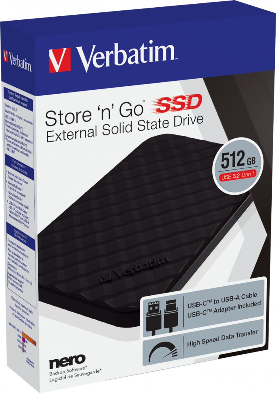 Verbatim External SSD 512GB Store 'n' Go USB 3.2 Portable SSD Black 53250