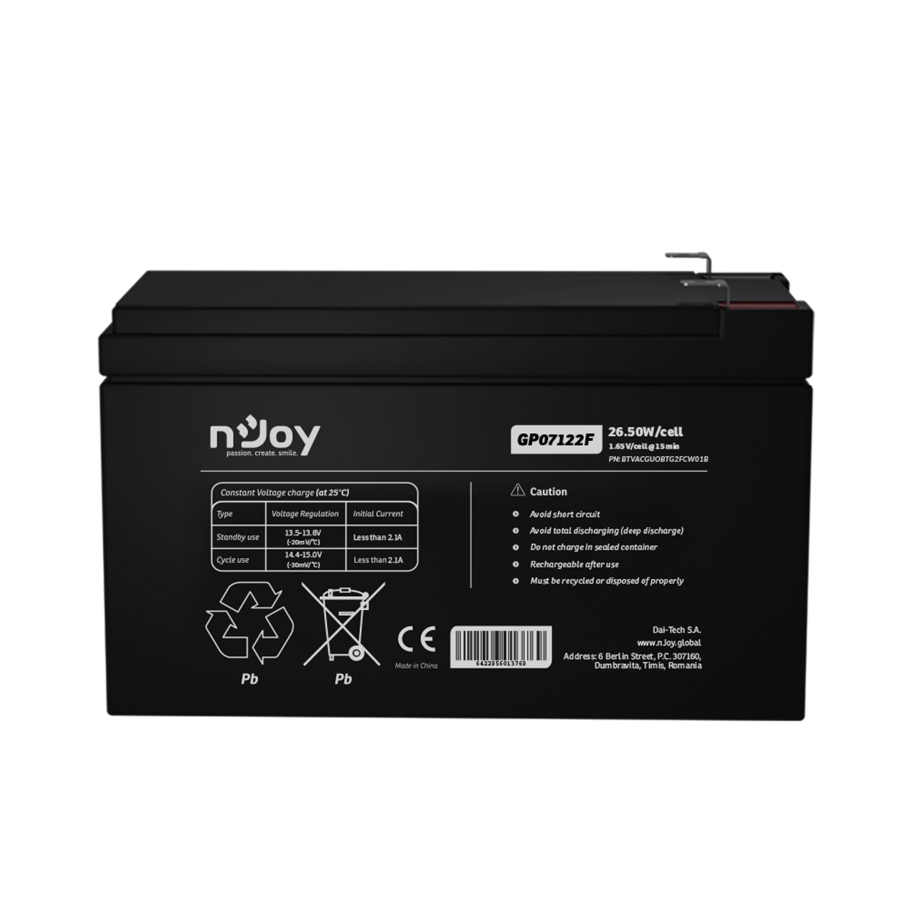 nJoy Lead-Acid AGM battery 12v 7ah F2 (T2) Terminal TVACGUOBTG2FCW01B