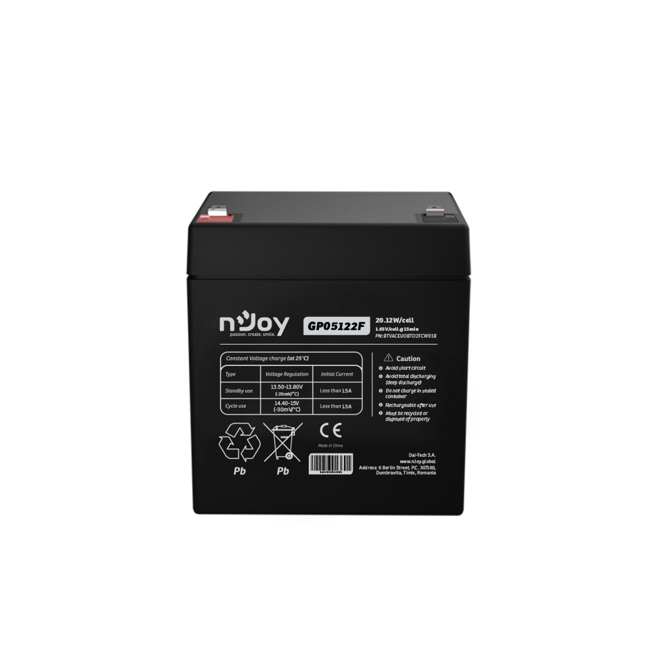 nJoy GP05122F 12V5Ah Lead-Acid AGM  Battery F1/T1 Dimensions 90x70x101mm 1.45Kg BTVACEUOBTO2FCW01B