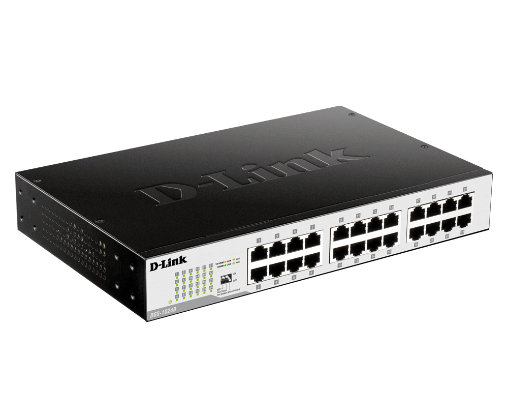 D-LINK UNMANAGED SWITCH. 24-PORT 10/100/1000 MBPS. RACK MOUNTED 1U DGS-1024D