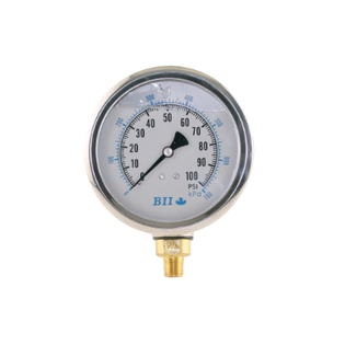 Boshart PG40-100GNL 4" Lower Mount Pressure Gauge Black Steel Brass Liquid (Lead Free)