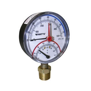Watts 121664 3" Bottom Entry Temperature & Pressure Gauge 0-75 PSI