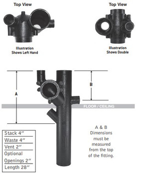 Charlotte Pipe 11022 4" X 28" Cast Iron No Hub Starter Fitting Double With 2" Inlets