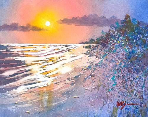 A watercolor painting of a warm coastal sunset with soft light over gentle waves, a curving shoreline, and colorful foliage along the beach.
