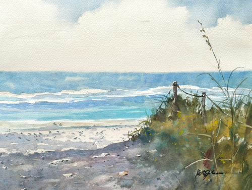 Watercolor painting of a sandy dune path bordered by dune grass and a rope fence, leading toward a calm shoreline under a soft, partly cloudy sky.