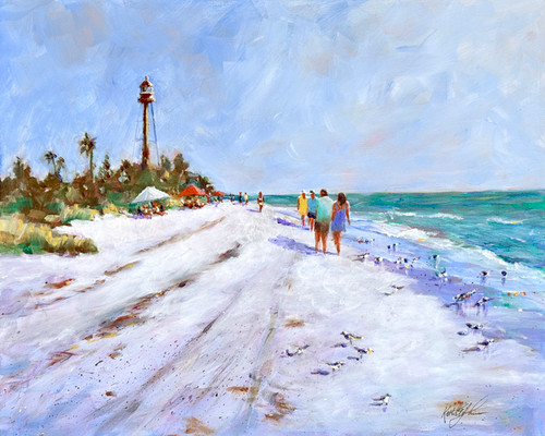 Acrylic painting of a bright Florida beach with a lighthouse, palm trees, soft waves, and people walking along the shoreline under a clear blue sky.