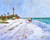 Acrylic painting of a bright Florida beach with a lighthouse, palm trees, soft waves, and people walking along the shoreline under a clear blue sky.