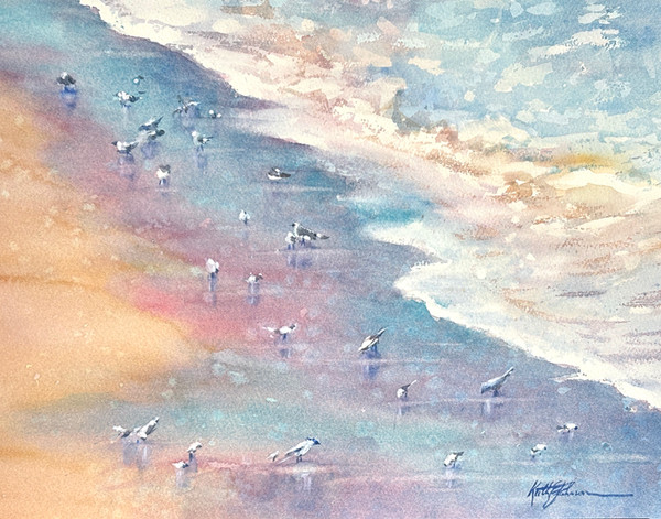 11 x 14 watercolor painmting of shorebirds at the water's edge