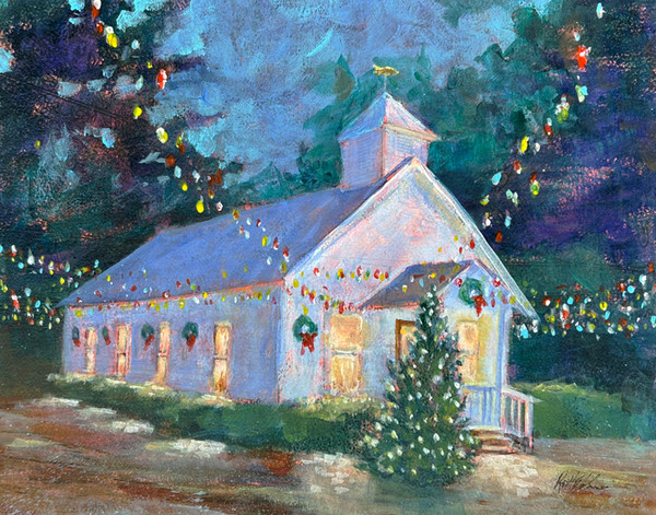 A moonlit coastal chapel glows with Christmas charm—twinkling lights, wreaths, and a radiant tree evoke warmth and holiday serenity by the sea.