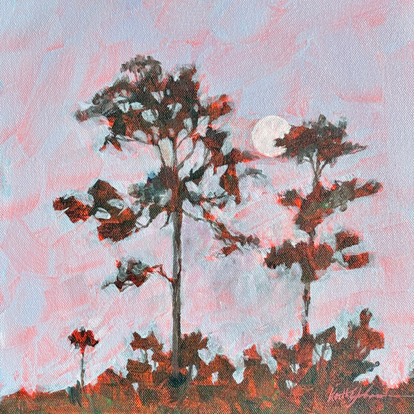 Experience the tranquil beauty of Sunrise Moon, an acrylic painting where silhouetted trees and a pale full moon meet the soft blush of dawn. A serene coastal moment captured in expressive brushwork.