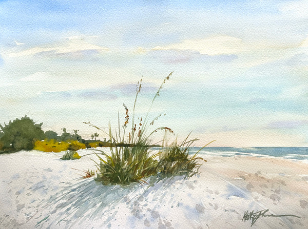 “Dune Grass and Morning Light” — a serene coastal watercolor featuring white sand, soft dune grass, and gentle morning light.