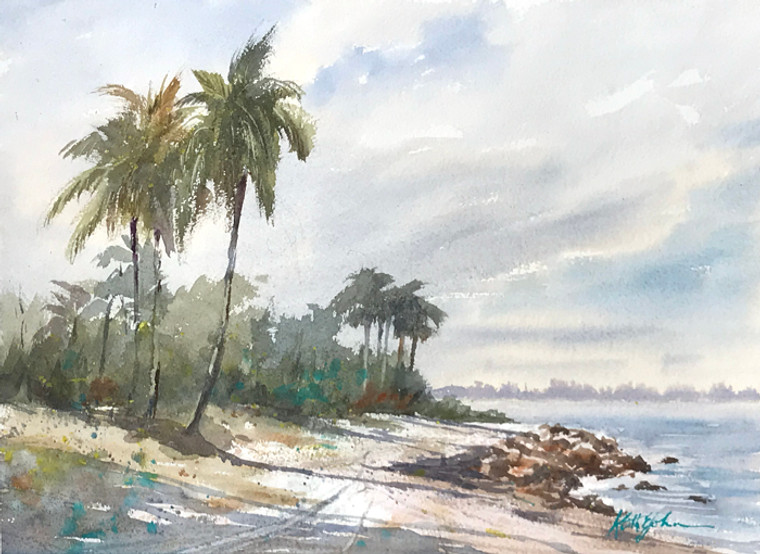 Watercolor painting of palms and beach on the Sanibel causeway