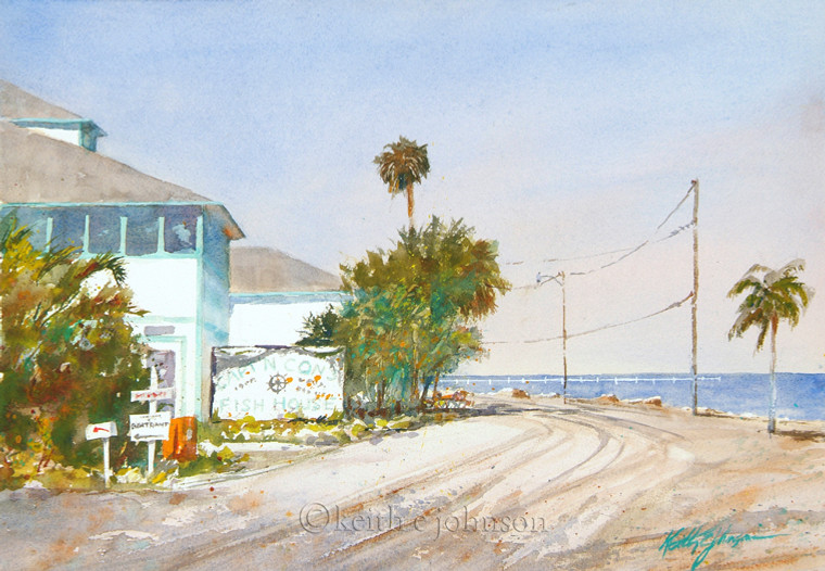 Capt'n Con's Fish House in Bokeelia Florida , watercolor painting, restaurant