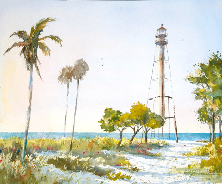 Giclee print of an original watercolor painting of what is left of Sanibel Lighthouse after Hurricane Ian