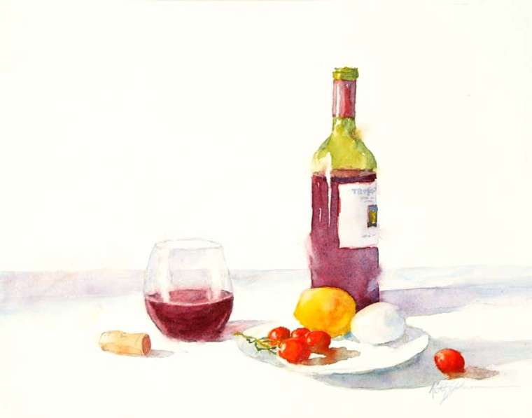 Still life with Lemon, Egg, and Tomato. An original watercolor painting by Keith E Johnson