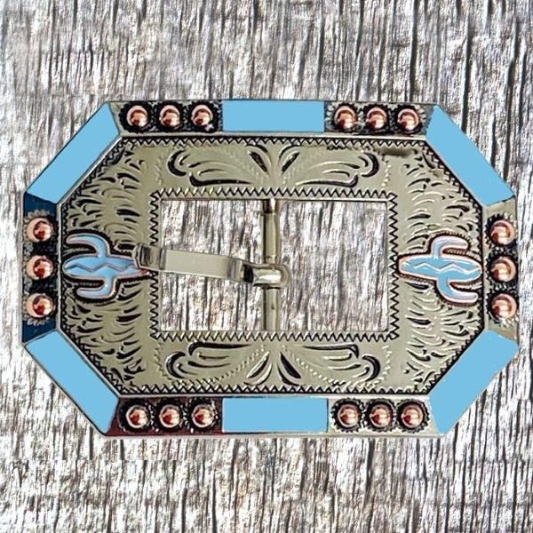 thumbnail image 2 of Texas Uniques Antique Copper Nickel Turquoise Headstall Buckle – Western Tack Hardware, CON417-D-TQ 2 of 3