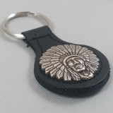 Motorcycle Key Fob Indian Chief Headdress Black Leather