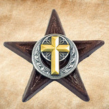 Engraved Cross Rustic Star Magnet - Front view.  Star measures 2-3/4" across.