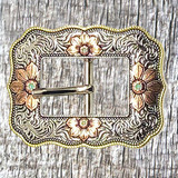 Floral Rope Edge Tri-Color Headstall Buckle - Front view