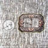 Floral Rope Edge Tri-Color Headstall Buckle - front view with US Quarter shown for size comparison.