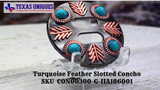Turquoise Feather Slotted Concho - front view with different background.