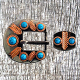 Turquoise Feather 3/4 Inch Buckle & Keeper Set - front View.