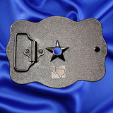 Western Style, Star Trophy Belt Buckle Antique Copper Blank - Back view with belt looped. Western Style, Star Trophy Belt Buckle Antique Copper Blank - Back view with belt looped.