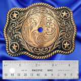 Western Style, Star Trophy Belt Buckle Antique Copper Blank - Front view with ruler for size comparison. Western Style, Star Trophy Belt Buckle Antique Copper Blank - Front view with ruler for size comparison.
