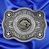 Western Style Star Trophy Belt Buckle Antique Nickel with Screaming Eagle Concho - Front view 